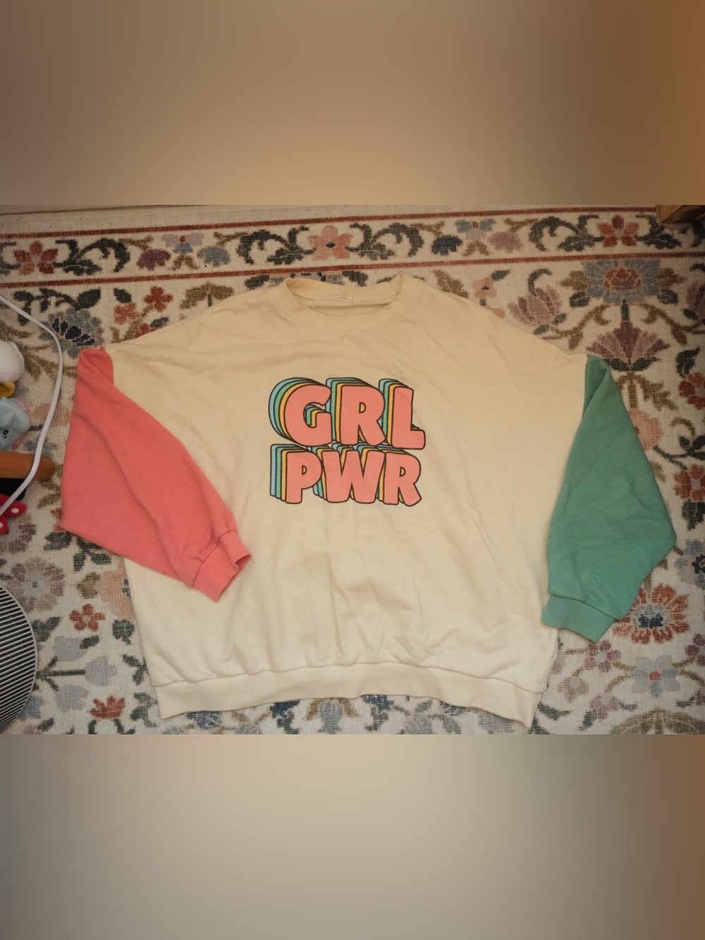 Cream 'GRL PWR' Colorblock Sweatshirt - Pink & Teal Sleeves